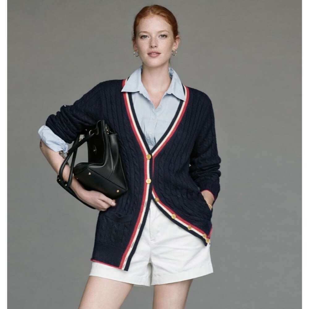 Brooks Brothers Cardigan Women S Navy Supima Cotton Cable Knit V Neck Tennis